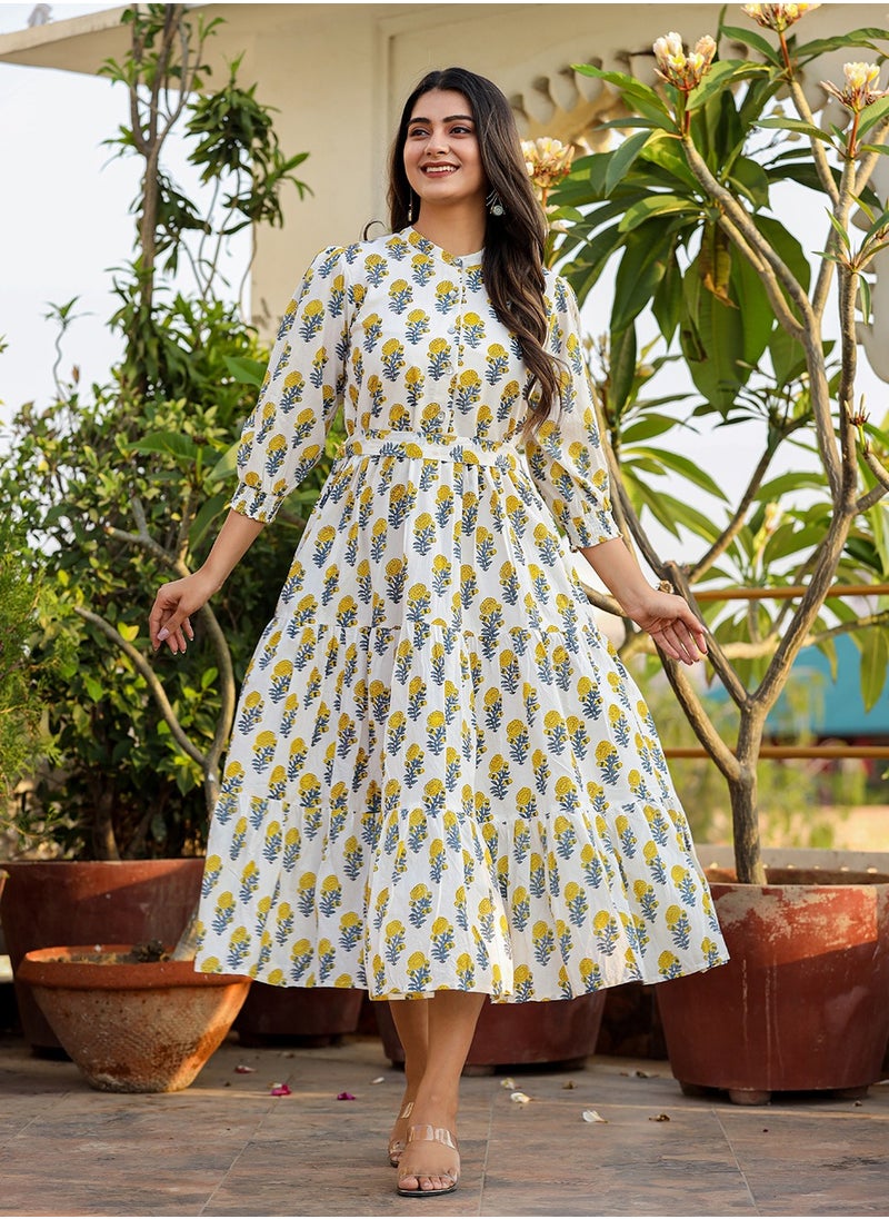 Women's White & Yellow Handblock Printed Cotton Dress – Elegant Fit & Flare Midi Dress - pzsku/Z9409C3ECD462DAB79446Z/45/1741080150/b3e7ecdc-925c-4e61-9abe-1907430f0bf7