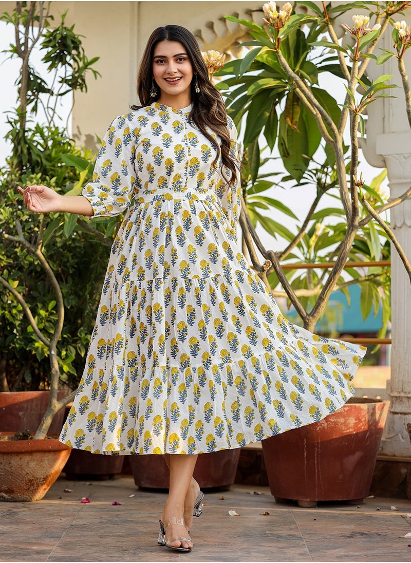 Women's White & Yellow Handblock Printed Cotton Dress – Elegant Fit & Flare Midi Dress - pzsku/Z9409C3ECD462DAB79446Z/45/1741080165/e8e36f58-26a9-4efe-a485-4915da6fa128