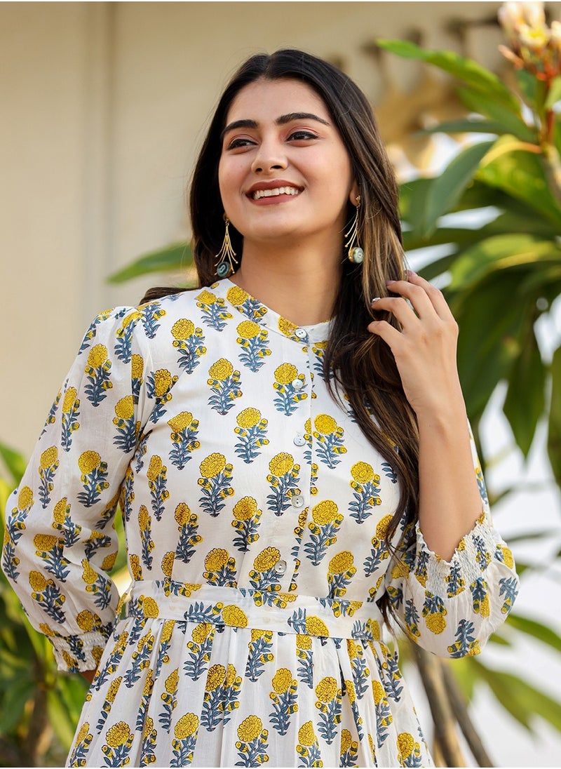 Women's White & Yellow Handblock Printed Cotton Dress – Elegant Fit & Flare Midi Dress - pzsku/Z9409C3ECD462DAB79446Z/45/1741080170/21daa4b8-4d29-4f33-8597-655ac10973a5