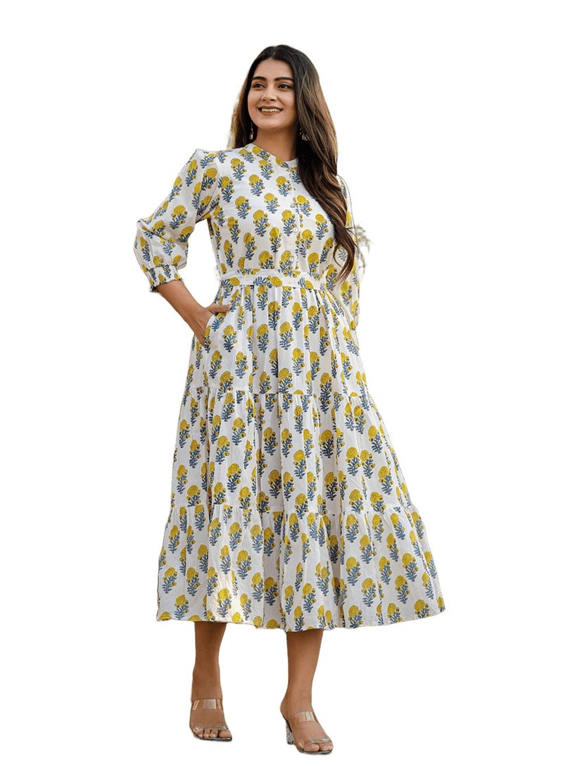 Women's White & Yellow Handblock Printed Cotton Dress – Elegant Fit & Flare Midi Dress - pzsku/Z9409C3ECD462DAB79446Z/45/1741239759/61af3c9a-4f00-43b4-8585-c0382e0a4b5b