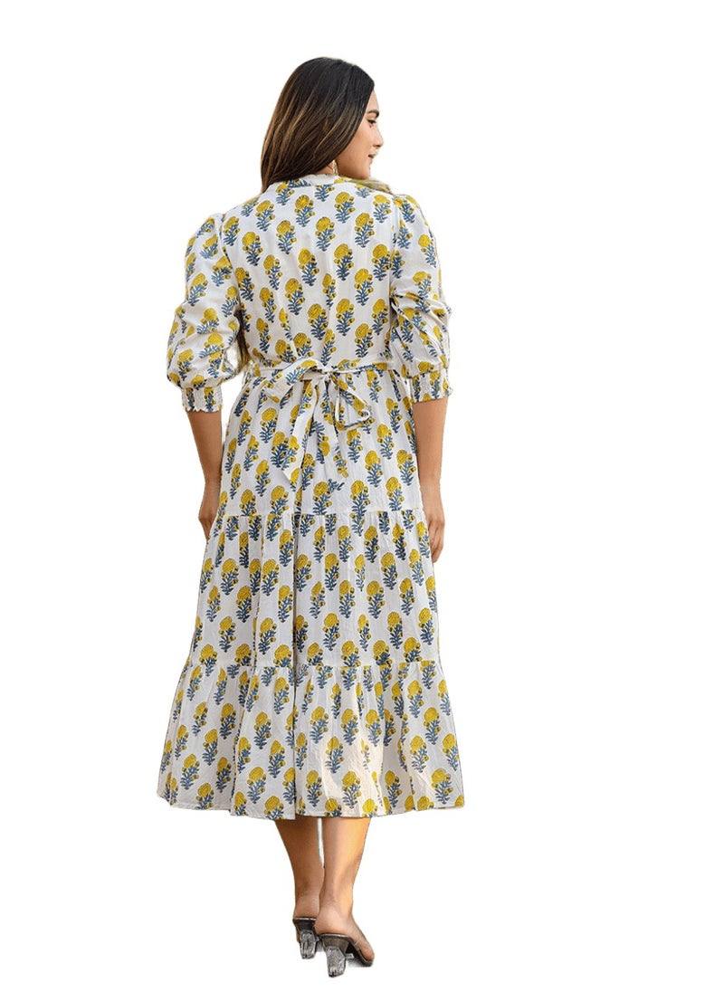 Women's White & Yellow Handblock Printed Cotton Dress – Elegant Fit & Flare Midi Dress - pzsku/Z9409C3ECD462DAB79446Z/45/1741239784/dfa6a374-5926-4512-9862-2f2dd3aba95b