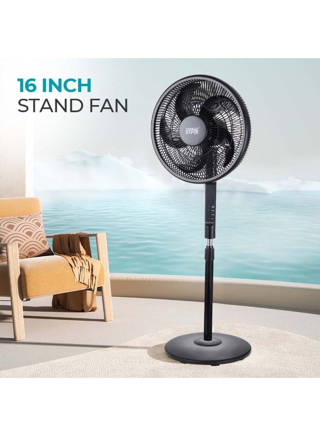 Winning Star Standing Electric Fan 16-inch Wide Head (ST-4204) – 3 Speeds, Temperature Display, 5 Leaf Blades, Brushed Motor, Black - Image 2