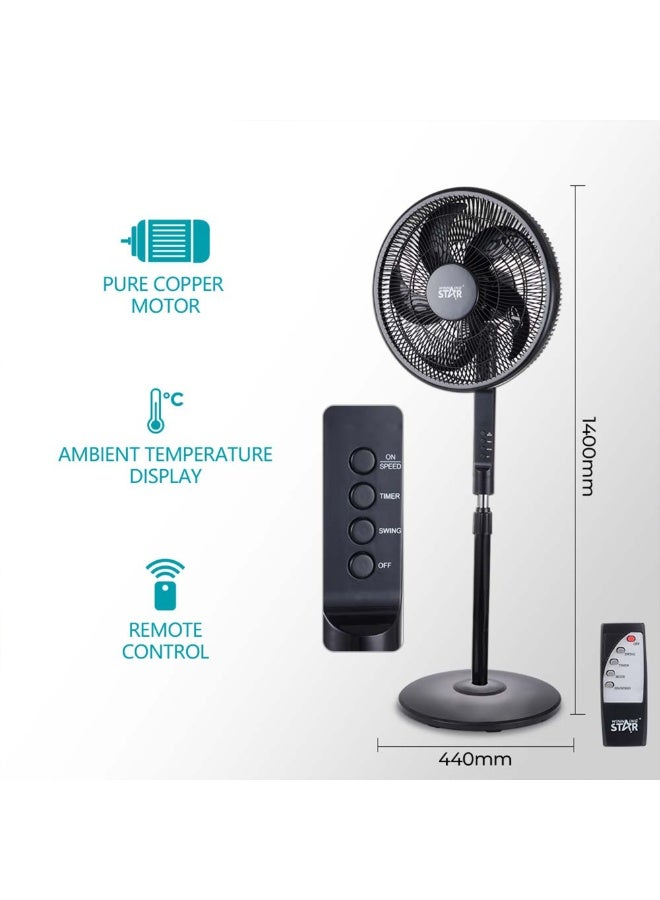 Winning Star Standing Electric Fan 16-inch Wide Head (ST-4204) – 3 Speeds, Temperature Display, 5 Leaf Blades, Brushed Motor, Black - Image 3