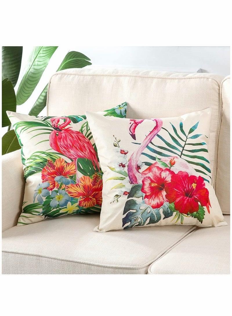 Set of 4 Flamingo Pattern Throw Pillow Covers - Tropical Floral and Leaf Design Cotton Linen Cushion Cases for Sofa, Couch, Bed, and Living Room Decor (18x18 inches, 4 Unique Patterns) - Image 3