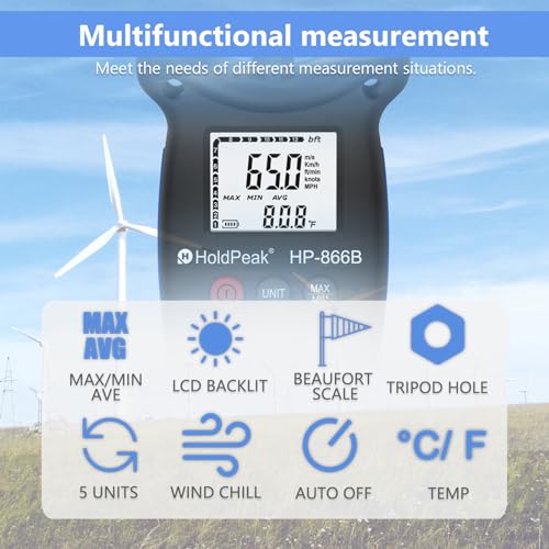 H HOLDPEAK هولديبيك 866B مقياس سرعة الرياح الرقمي المحمول لقياس سرعة الرياح ودرجة الحرارة وبرودة الرياح مع إضاءة خلفية وأقصى/أدنى - Image 4