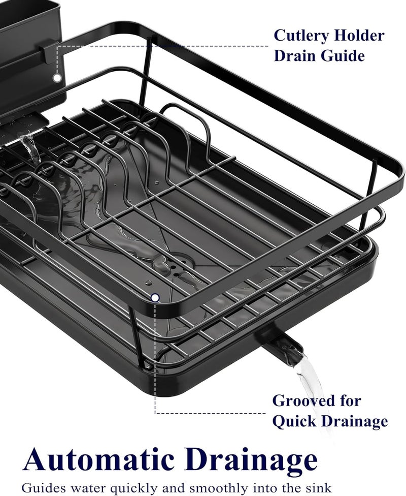 Kitsure 2-Tier Dish Drying Rack for Kitchen Counter, Stainless Steel Dish Drainer with Drainboard & Cutlery Holder, Kitchen Sink Organizer for Plates and Bowls, Black, 30 × 39 × 31 cm - Image 3