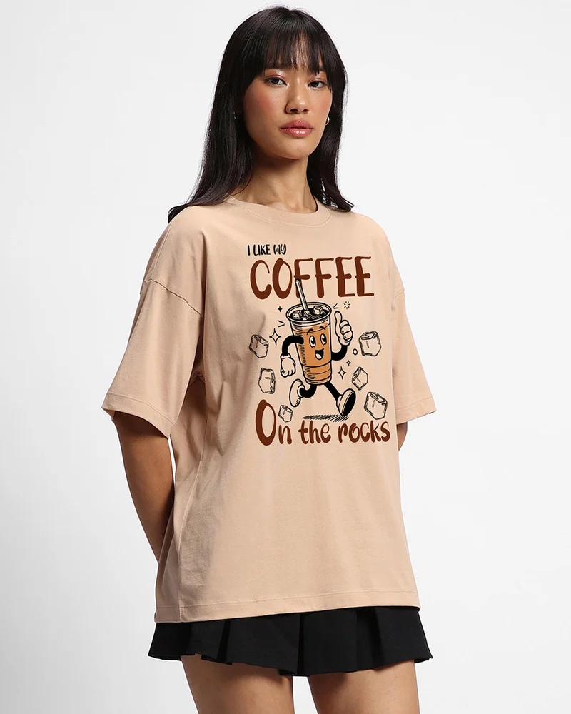 بيواكوف تيشيرت نسائي كبير بطبعة جرافيك جذور الزنجبيل البني على الصخور