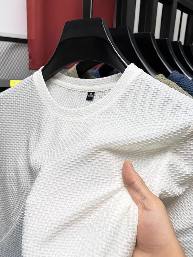 Cross-Border Cheap Men's Short-Sleeved Mesh Bamboo Ice Silk T-Shirt Casual and Versatile Summer Elastic Slim Top Cool - Image 4