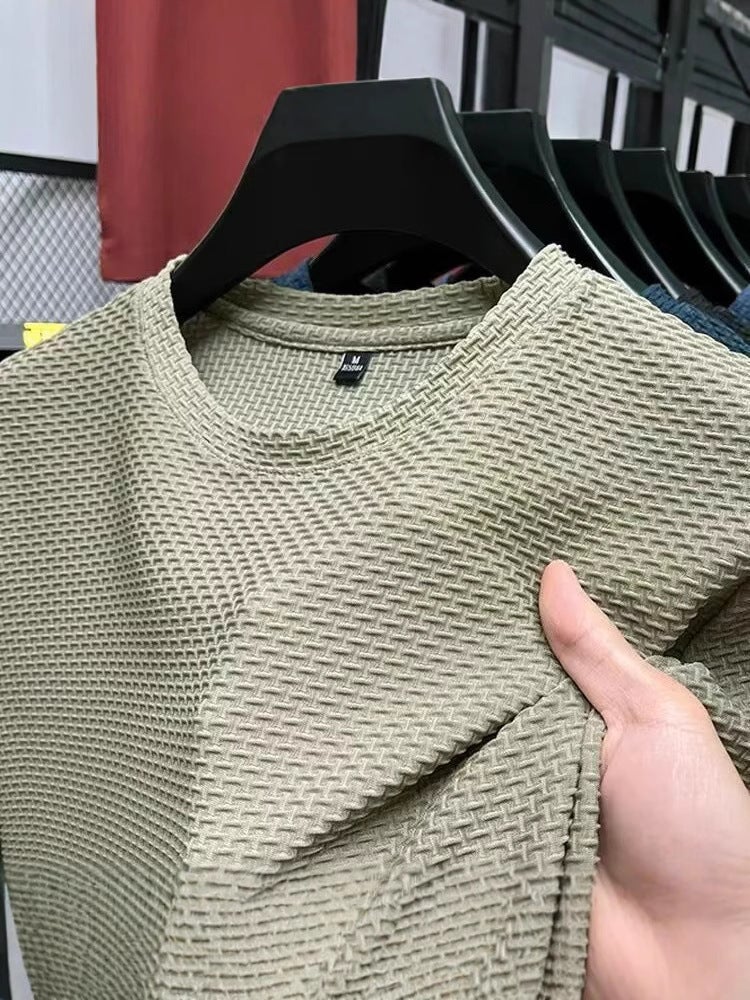 Cross-Border Cheap Men's Short-Sleeved Mesh Bamboo Ice Silk T-Shirt Casual and Versatile Summer Elastic Slim Top Cool - Image 2