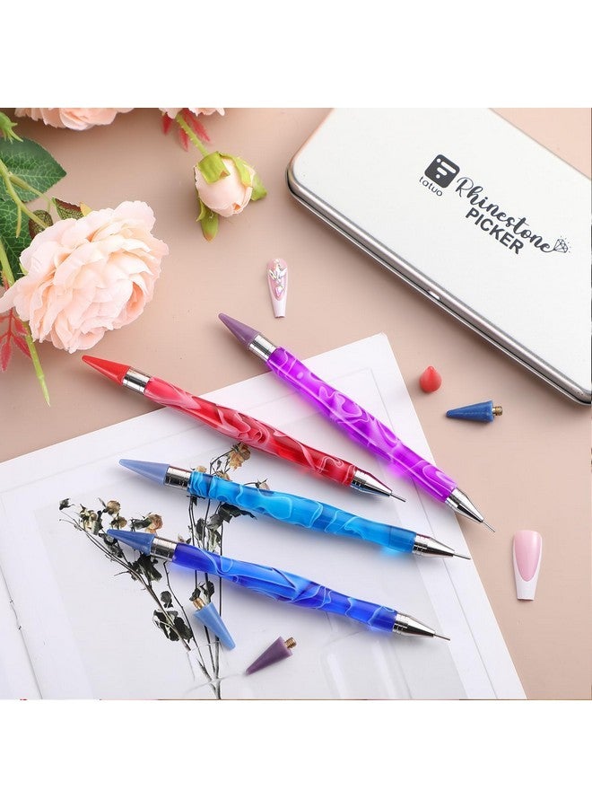 Tatuo 4 Pcs Dual Ended Nail Rhinestone Picker Tool Wax Tip Comfort Rhinestone Pen Tool Ergonomic Grip Dual End Pick Up Diy Nail Dotting Pen For Nail Gems Stones Crystals Art Crafts(Classic Color) - Image 2
