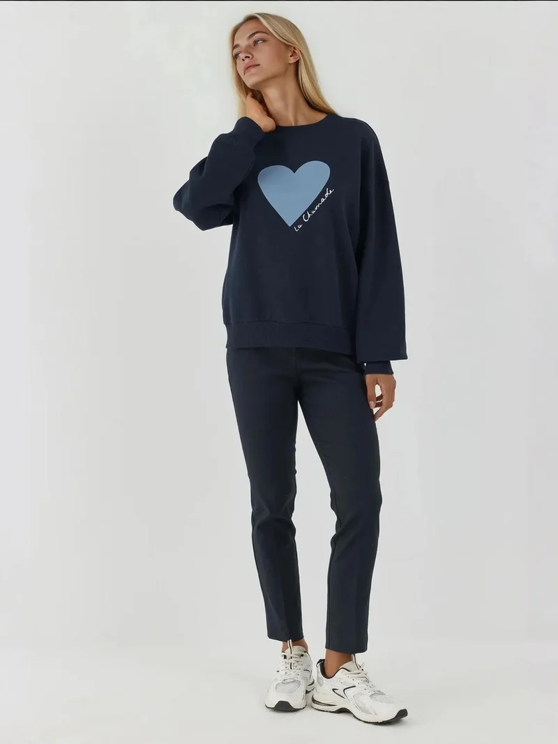 Hiccup Navy Blue Printed Crew Neck Raised Sweatshirt for Women | Best Price UAE