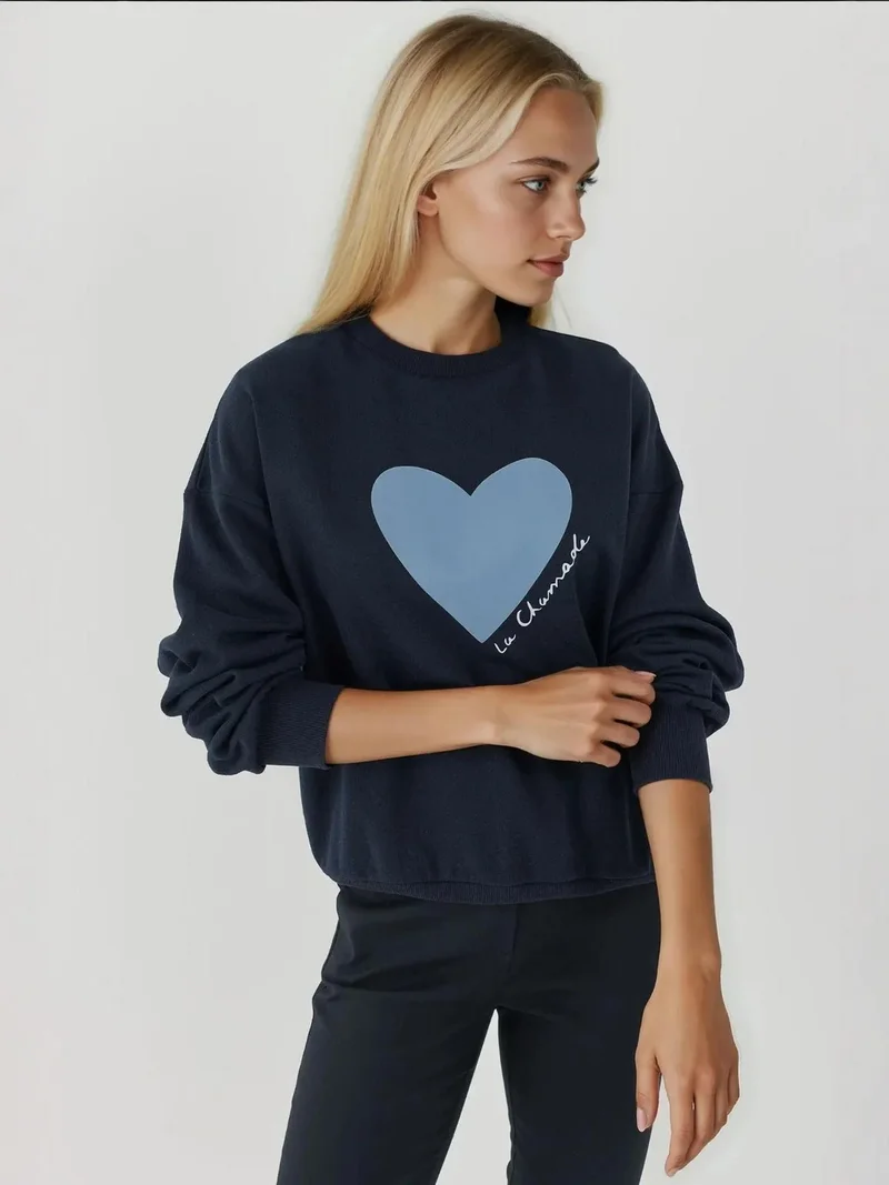 Hiccup Navy Blue Printed Crew Neck Raised Sweatshirt for Women | Best Price UAE