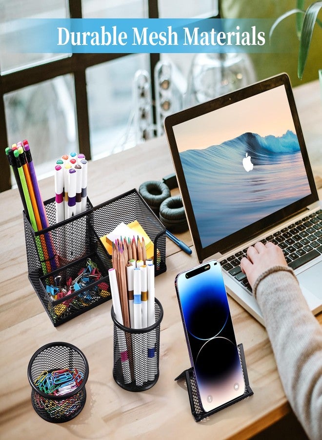 Byjoph Mesh Pen Holder for Desk Pencil Holders 6 Pieces Desk Organizer Office Supplies Caddy with Sticky Notes Holder for Office School Home Black - Image 3