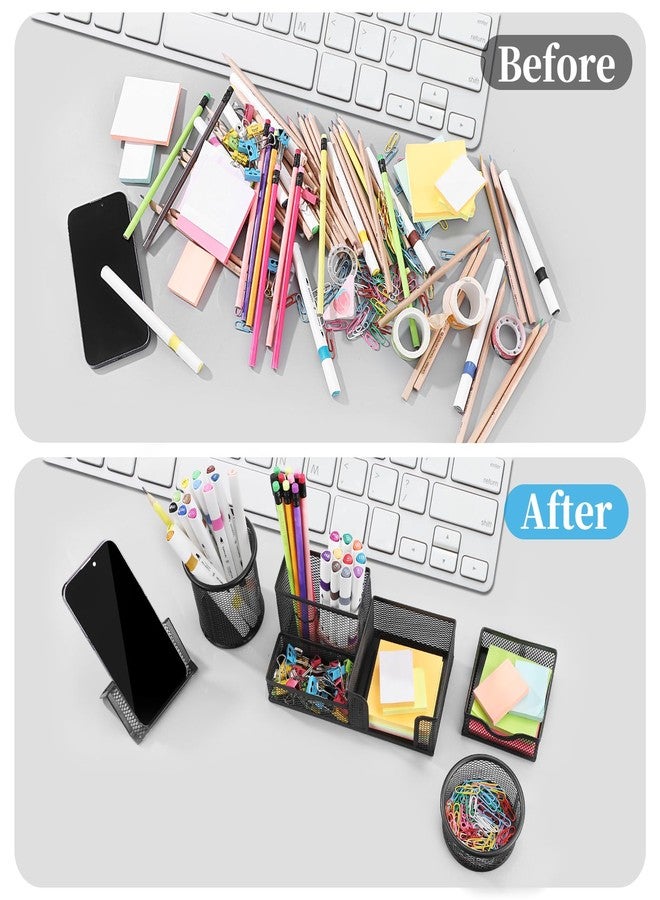 Byjoph Mesh Pen Holder for Desk Pencil Holders 6 Pieces Desk Organizer Office Supplies Caddy with Sticky Notes Holder for Office School Home Black - Image 5
