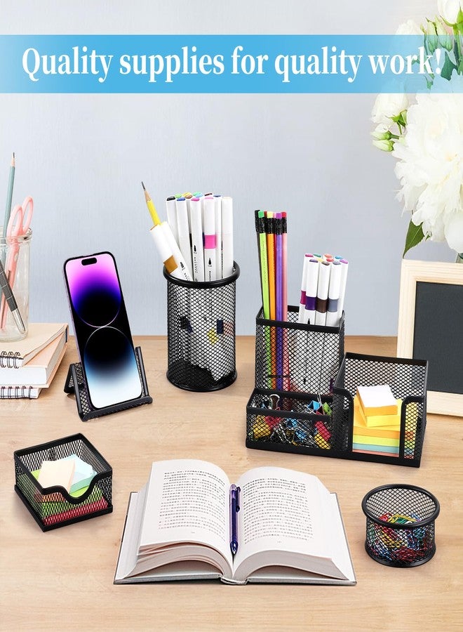 Byjoph Mesh Pen Holder for Desk Pencil Holders 6 Pieces Desk Organizer Office Supplies Caddy with Sticky Notes Holder for Office School Home Black - Image 2