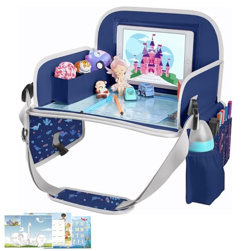 MENZOKE Kids Travel Tray for Toddler Car Seat, Toddler Gift for Boy Activities with Dry Erase Board & iPad Holder Stand, Road Trip Essentials Accessories Lap Tray for Boy as Birthday Gift, Dark Blue - Image 1