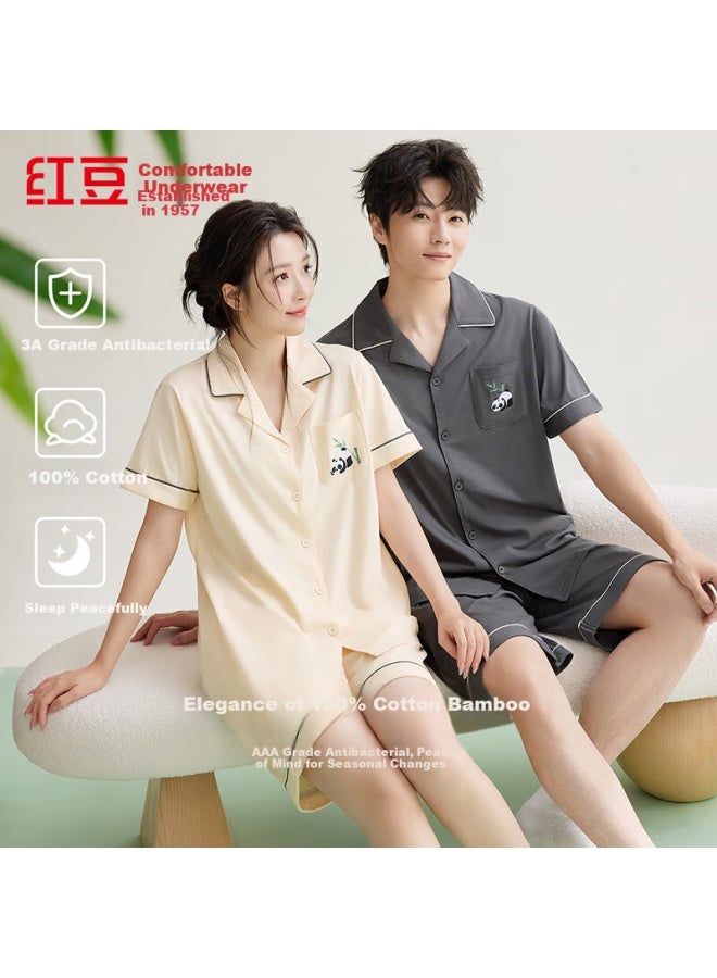hongdou Red Bean Women's Pure Cotton Antibacterial Panda Embroidery Loose Short Sleeve Cardigan Home Wear Set - Image 2
