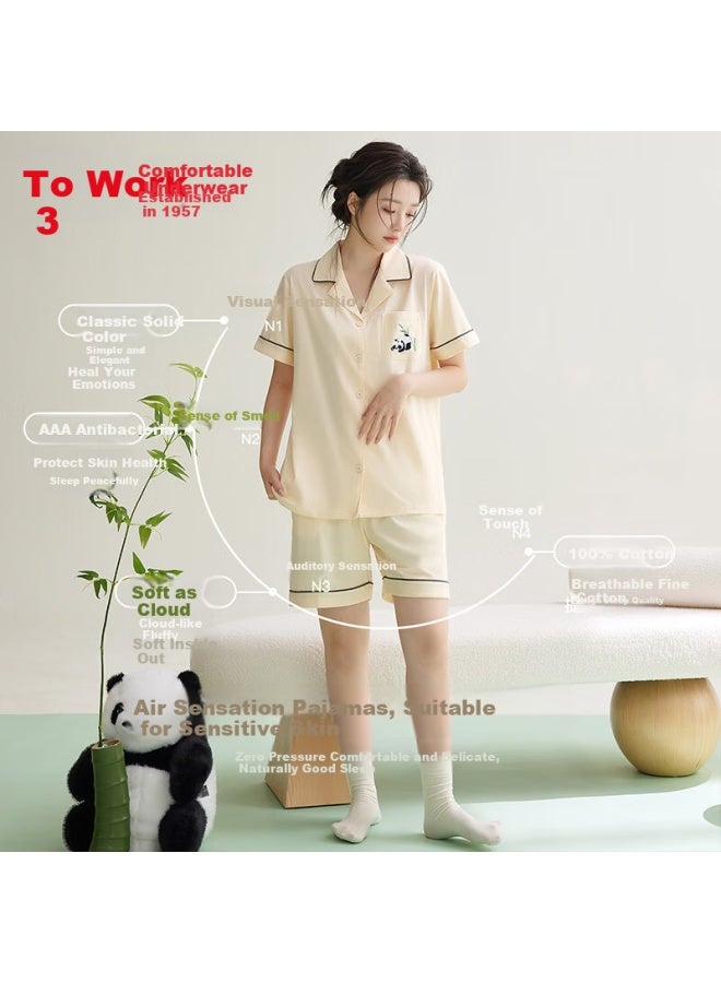 hongdou Red Bean Women's Pure Cotton Antibacterial Panda Embroidery Loose Short Sleeve Cardigan Home Wear Set - Image 4