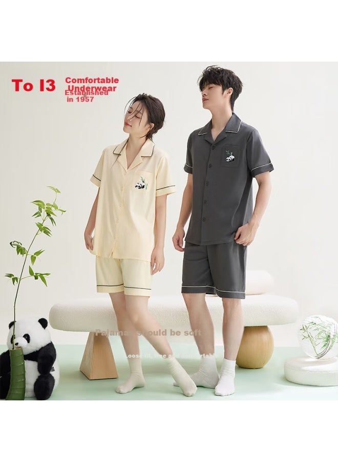 hongdou Red Bean Women's Pure Cotton Antibacterial Panda Embroidery Loose Short Sleeve Cardigan Home Wear Set - Image 5