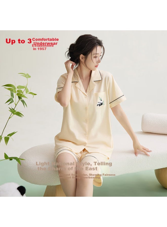 hongdou Red Bean Women's Pure Cotton Antibacterial Panda Embroidery Loose Short Sleeve Cardigan Home Wear Set - Image 3