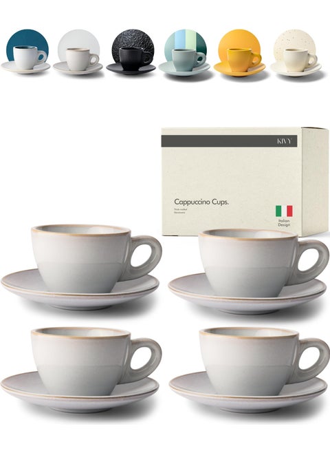 KIVY Cappuccino cups set 4x 8oz  Thickwalled stoneware cappuccino cup set for latte art  Cappuccino coffee cups  Tazas de cafe  Latte cups  Ceramic latte art cup and saucer set of 4  Grey