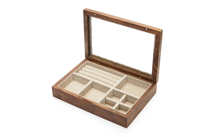 pandapark Wooden Jewelry Box with Glass Lid, Multi-Compartment Storage Display Case, Walnut Brown (Silver Walnut) - Image 5