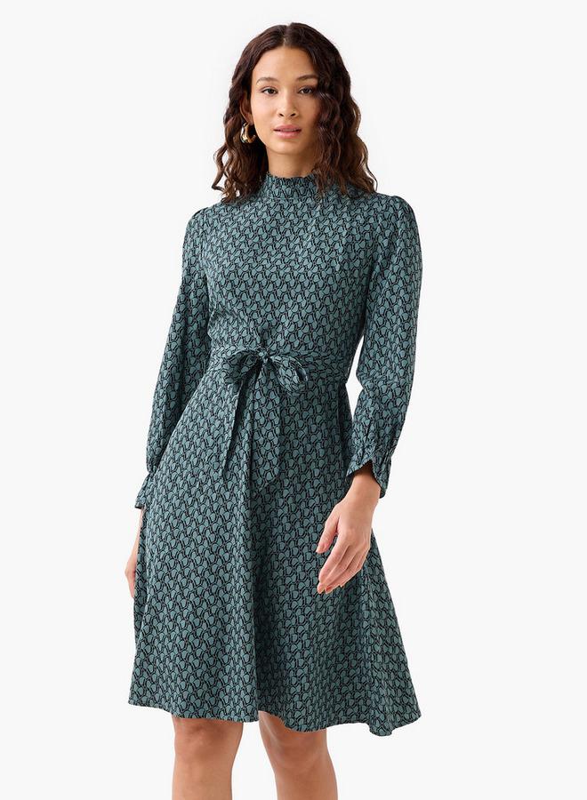 Splash FAV Abstract Print Mini Dress with High Neck and Tie-Up Belt - Image 1