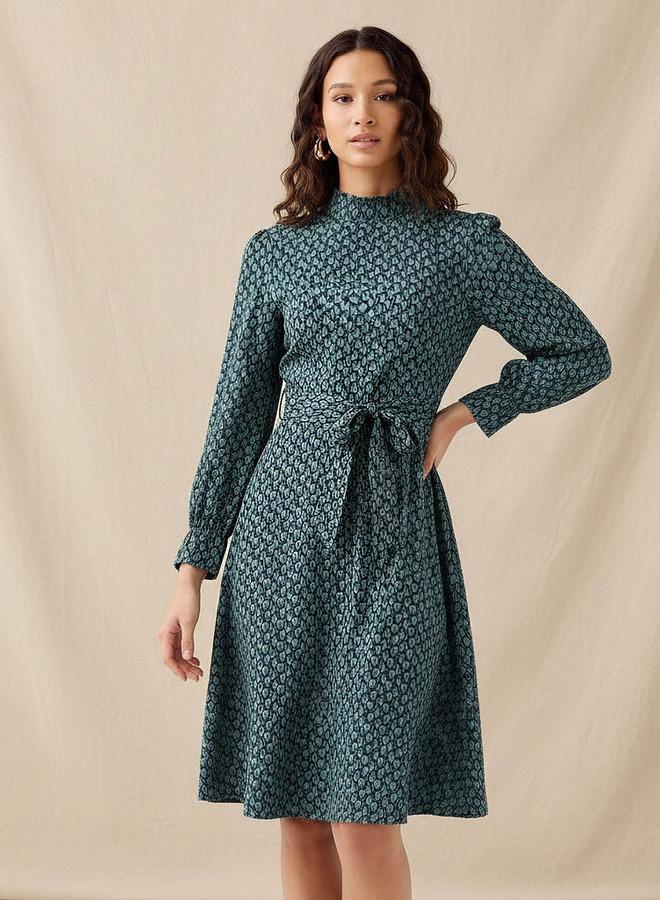 Splash FAV Abstract Print Mini Dress with High Neck and Tie-Up Belt - Image 1
