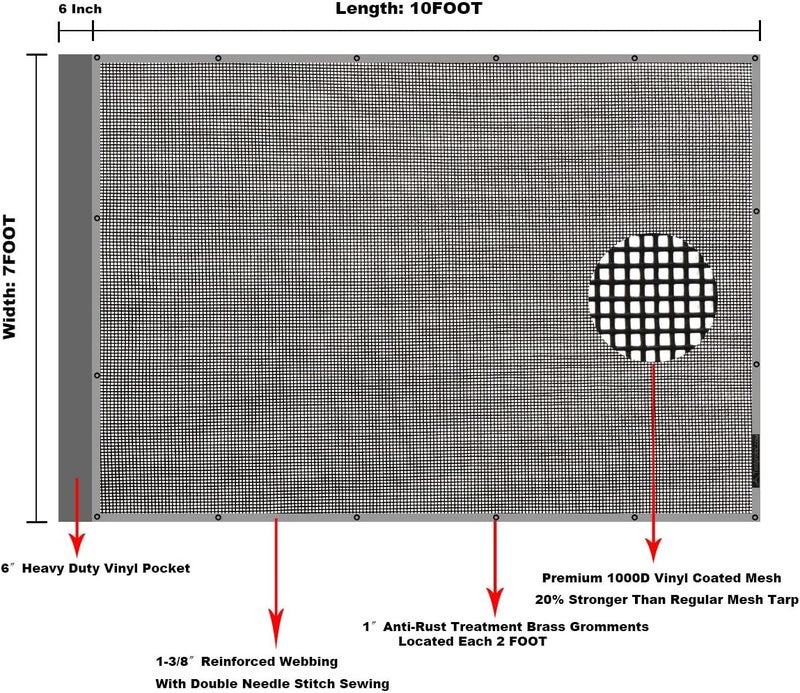 leaveshade Dump Truck Mesh Tarp 7'X10' - Heavy Duty Black Cover with 6'' Pocket - Image 5