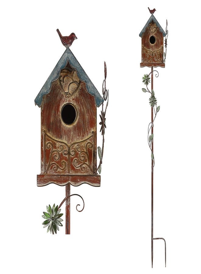 MOCOME Baroque Cottage Bird House Stake for Outside with Pole, Distressed Metal Birdhouse Stand for Outdoor Garden,Purple - Image 4