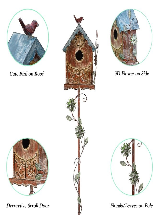 MOCOME Baroque Cottage Bird House Stake for Outside with Pole, Distressed Metal Birdhouse Stand for Outdoor Garden,Purple - Image 3