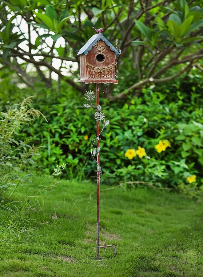 MOCOME Baroque Cottage Bird House Stake for Outside with Pole, Distressed Metal Birdhouse Stand for Outdoor Garden,Purple - Image 1