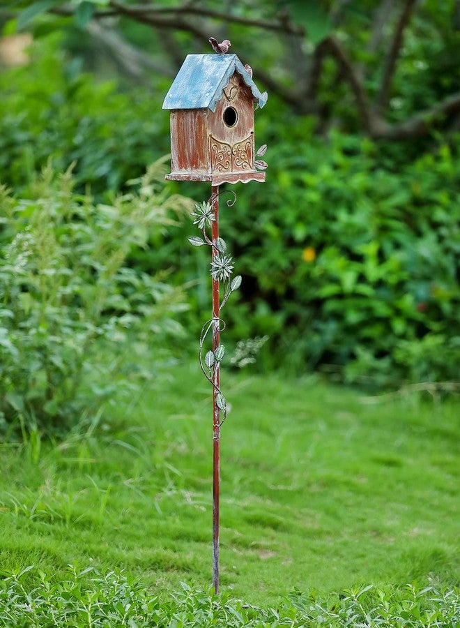 MOCOME Baroque Cottage Bird House Stake for Outside with Pole, Distressed Metal Birdhouse Stand for Outdoor Garden,Purple - Image 2