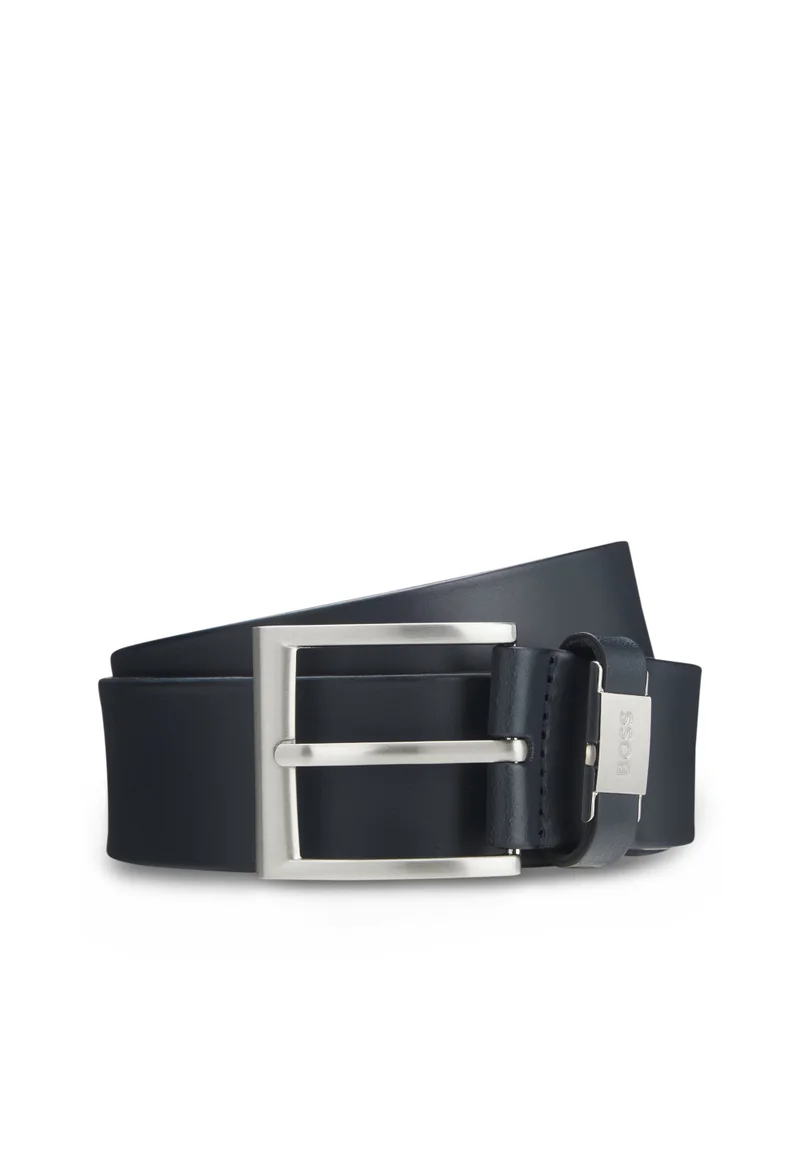 بوس حزام جلد إيطالي بشعار وإبزيم معدني مصقول
