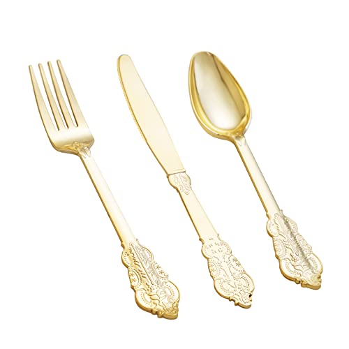 bUCLA 600 Pieces Gold Plastic Silverware - Plastic Gold Utensils - Heavyweight Disposable Cutlery - 200 Forks, 200 Spoons, 200 Knives for Party & Thanksgiving - Image 1