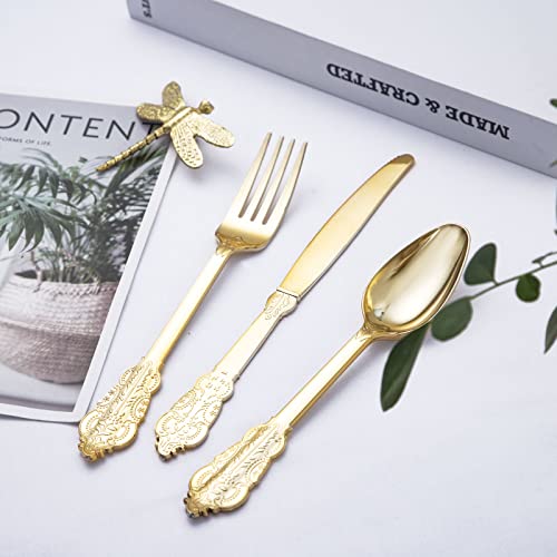 bUCLA 600 Pieces Gold Plastic Silverware - Plastic Gold Utensils - Heavyweight Disposable Cutlery - 200 Forks, 200 Spoons, 200 Knives for Party & Thanksgiving - Image 4