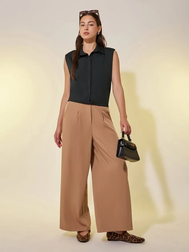 Take Two Solid Sleeveless Notch Lapel Shirt with Padded Shoulder