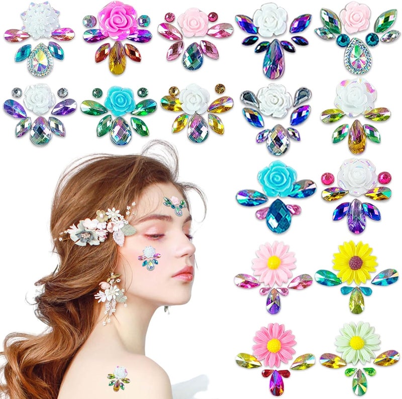 16 Pcs Face Gems Stickers Women Diamond Forehead Sticker Rhinestones Pearl Spring Theme Flowers Decoration Birthday Festival Party Self-Adhesive DIY Body Art Decals