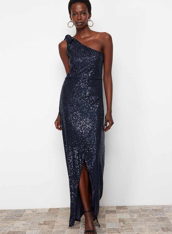trendyol Navy Blue Single Sleeve Knitted Sequin Long Elegant Evening Dress TPRSS24AE00028 - Image 2