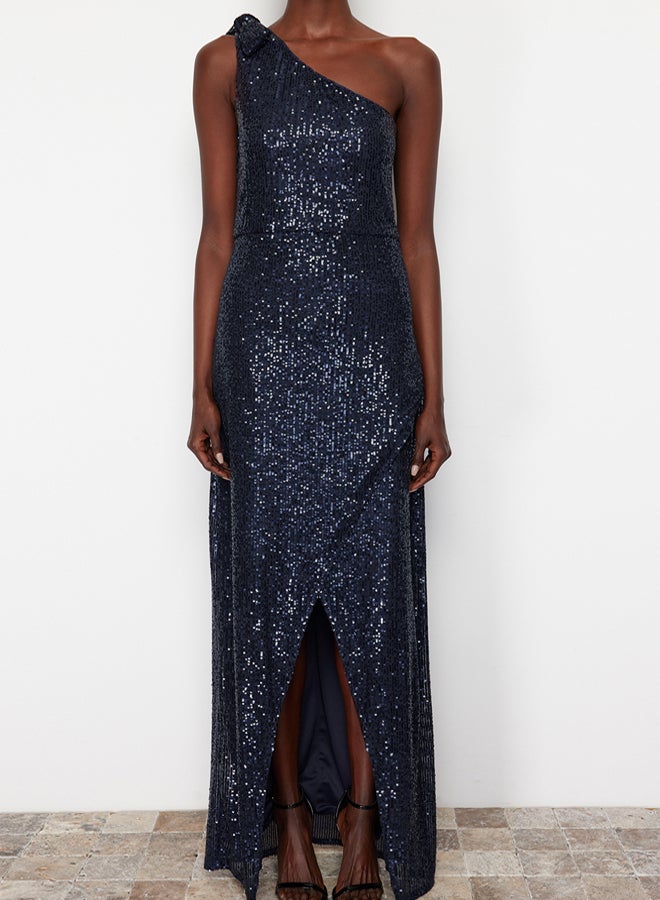 trendyol Navy Blue Single Sleeve Knitted Sequin Long Elegant Evening Dress TPRSS24AE00028 - Image 4