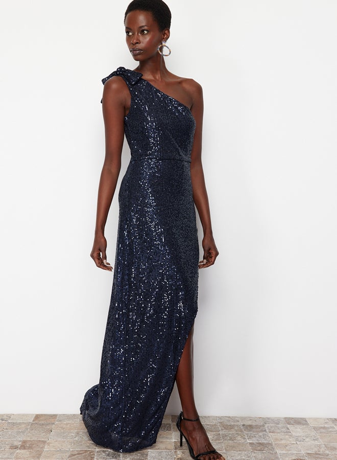trendyol Navy Blue Single Sleeve Knitted Sequin Long Elegant Evening Dress TPRSS24AE00028 - Image 3
