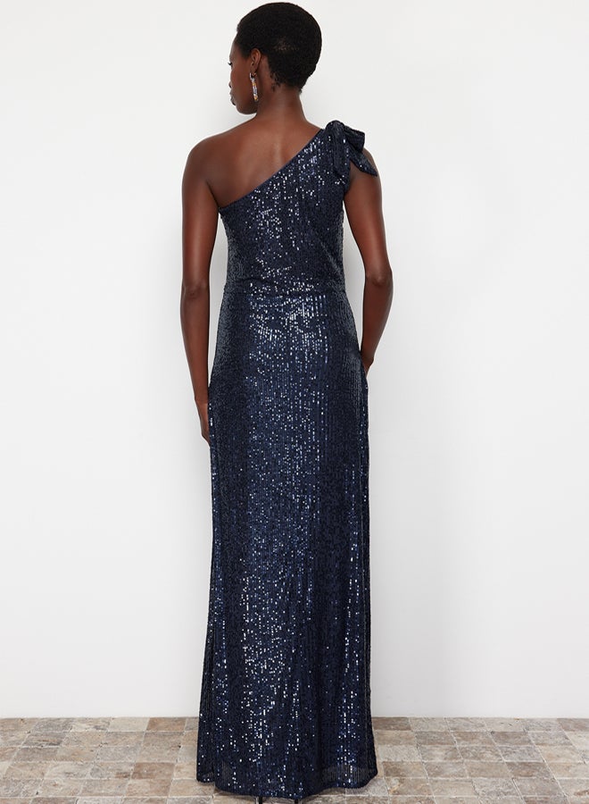 trendyol Navy Blue Single Sleeve Knitted Sequin Long Elegant Evening Dress TPRSS24AE00028 - Image 5