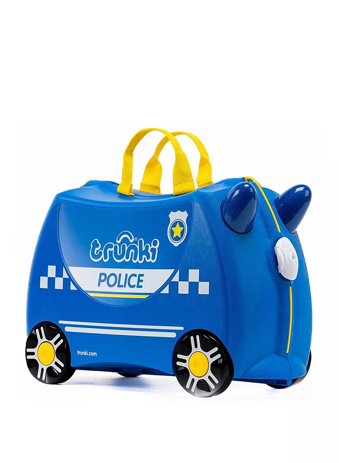 Trunki Percy Police Car Blue Ride-On Suitcase for Children, Lightweight Carry-On Luggage with Wheels, Tow Strap and Travel Storage - Image 1