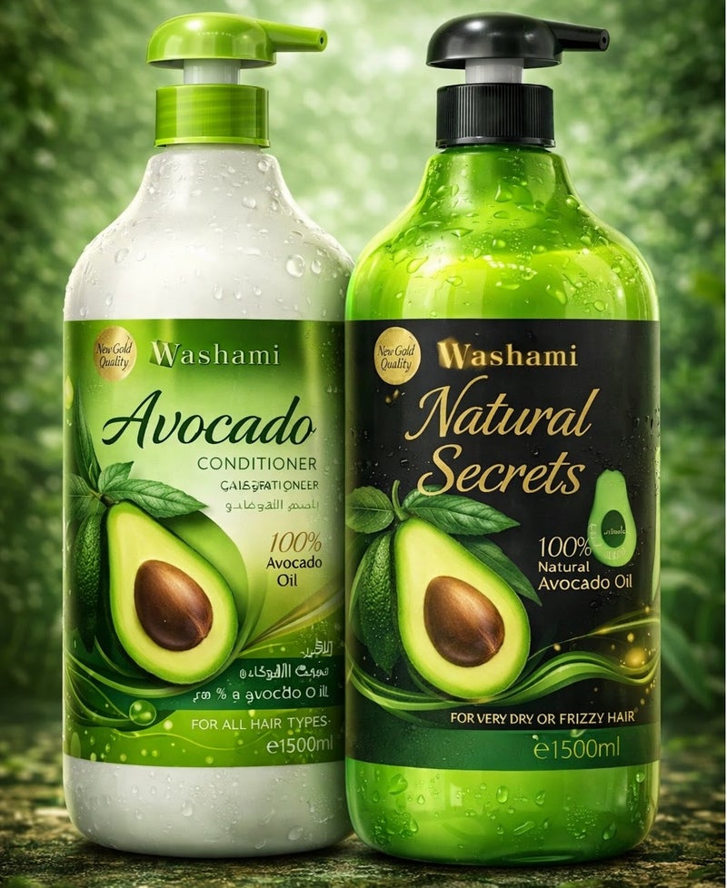 Shampoo and conditioner with avocado oil extract for deep hydration, nourishing dry and frizzy hair, and repairing damaged hair. 1500 ml per bottle.