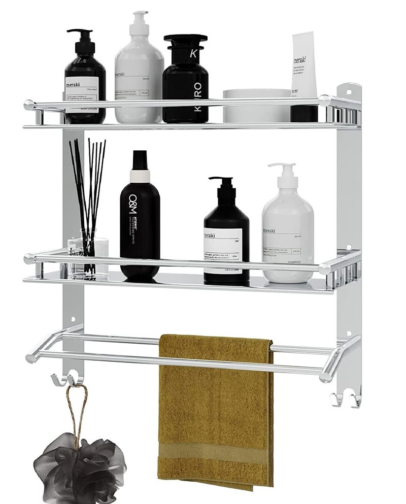 Welson Stainless Steel Double Layer Shelf with Towel Rod - Bathroom Organizer Shelf for Optimal Storage, with Sleek Chrome Finish - Durable Bathroom Accessories and Fittings (5D X 15W X 18H Inch) - Image 1
