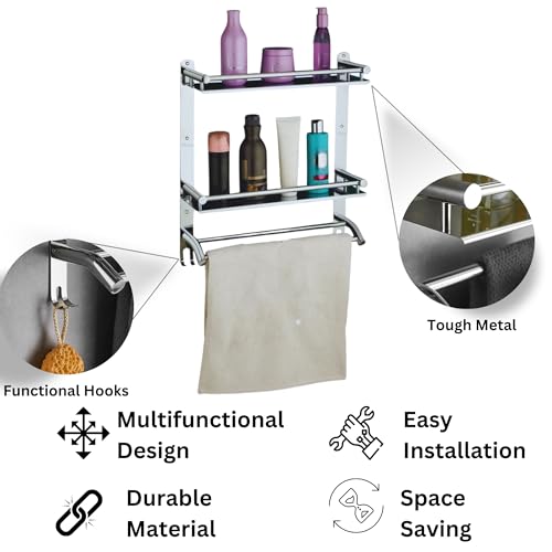 Welson Stainless Steel Double Layer Shelf with Towel Rod - Bathroom Organizer Shelf for Optimal Storage, with Sleek Chrome Finish - Durable Bathroom Accessories and Fittings (5D X 15W X 18H Inch) - Image 2