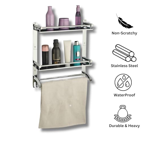 Welson Stainless Steel Double Layer Shelf with Towel Rod - Bathroom Organizer Shelf for Optimal Storage, with Sleek Chrome Finish - Durable Bathroom Accessories and Fittings (5D X 15W X 18H Inch) - Image 3