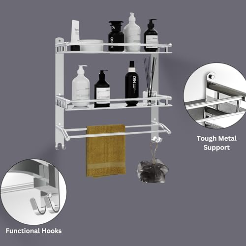 Welson Stainless Steel Double Layer Shelf with Towel Rod - Bathroom Organizer Shelf for Optimal Storage, with Sleek Chrome Finish - Durable Bathroom Accessories and Fittings (5D X 15W X 18H Inch) - Image 4