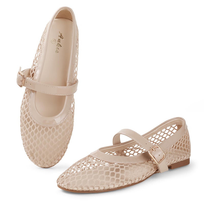 Ankis Mesh Ballet Flats for Women, Nude Mesh Flats Buckle Strap Mary Jane Ballerina Flats Women's Fishnet Flat Sandals Shoes for Dressy Summer - Image 1