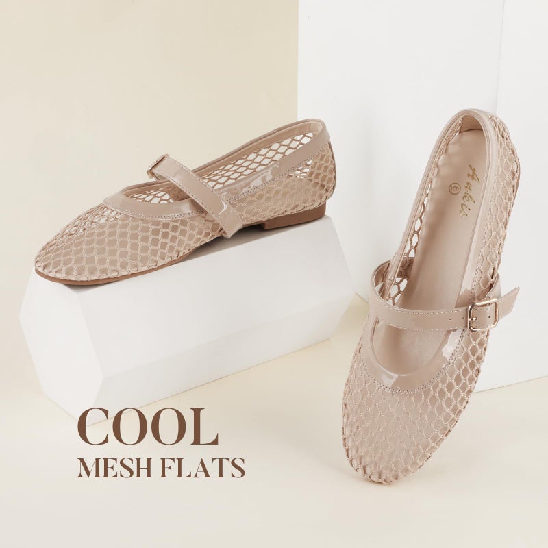 Ankis Mesh Ballet Flats for Women, Nude Mesh Flats Buckle Strap Mary Jane Ballerina Flats Women's Fishnet Flat Sandals Shoes for Dressy Summer - Image 3
